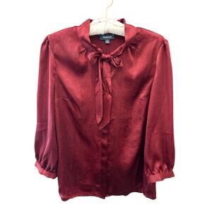 MODCLOTH | Burgundy Red Satin Tie Neck Blouse 3/4 Sleeve Retro Top New | Medium